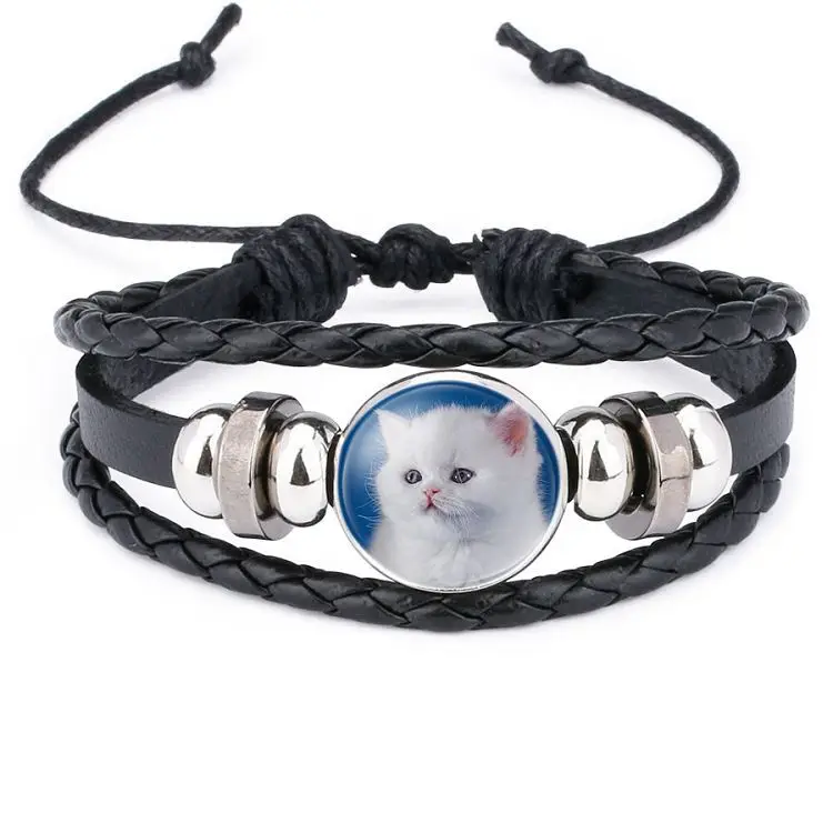 Harajuku Style Cat Jewelry with Glass Cabochon Cheshire Cat Pattern Bracelet Genuine Leather Multilayer Beaded Bracelet Bangle - Окраска металла: WS0424