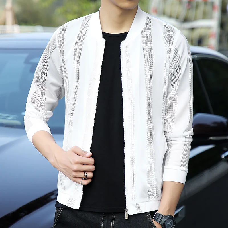 

White Black Summer Men Jacket Coat Lightweight Hollow Out Solid Thin Outerwear Male Plus Size Casual Sun Protection Clothing Man