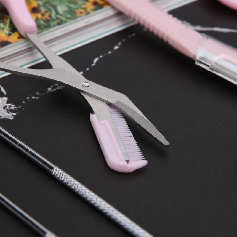 QIAOYAN 10pcs/set Eyebrow Tools Kit Tweezers Scissors Razor Eyelash Curler Makeup Tool