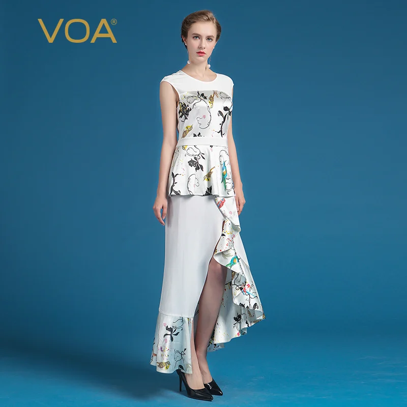 VOA летнее Новое Белое офисное платье с принтом модное шелковое женское асимметричное, с короткими рукавами плюс размер удобное тонкое платье ALX05201
