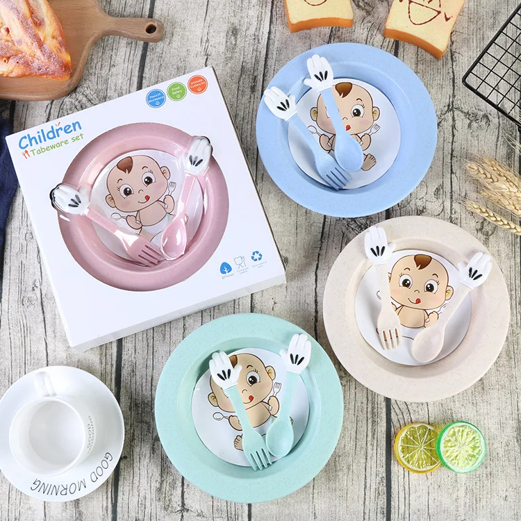 3Pcs Set Creative Cute Kids Dinnerware Sets Pure Natural Wheat straw