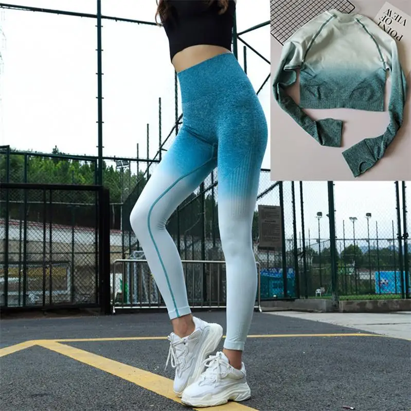 LAISIYI Women Fitness Set Gym Clothing Ombre Seamless Leggings+Cropped Shirts Workout Sport Suit Women Long Sleeve Active Wear - Цвет: Set-004