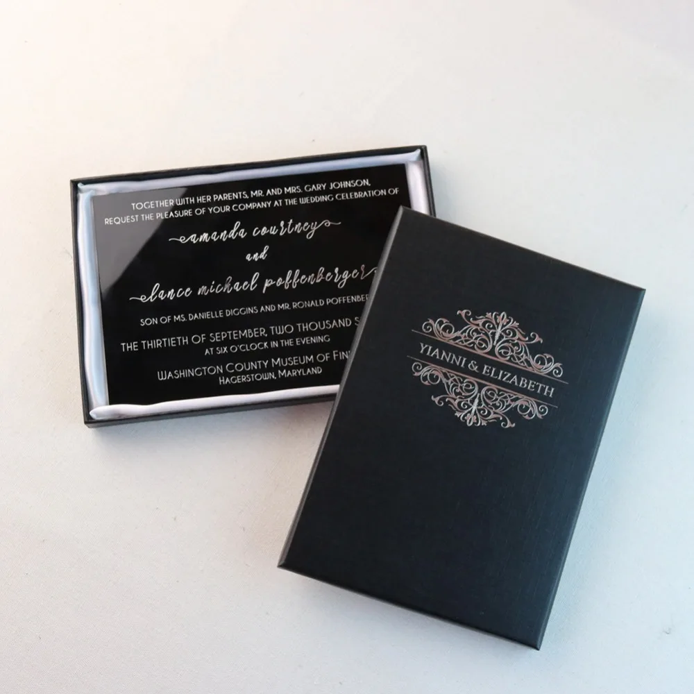 

30 sets Personalized engraved Acrylic Wedding Invitation Cards For Party invitations and Silver writing on Boxes