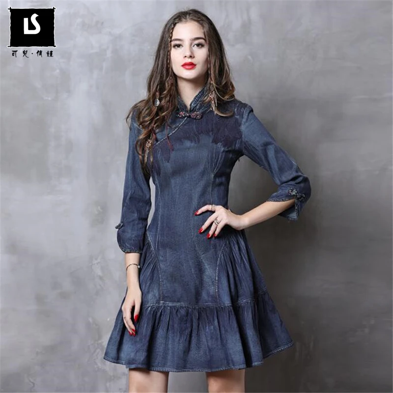 

Dress Women New Autumn Denim Women Dresses Elegant Standing collar Vintage Vestidos Chinese style Cheongsam Stitching Vestido