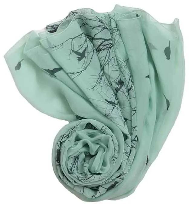 

100% Pure Silk printed square silk muslim scarf green bird tree round beach towel shawl scarf for women summer womens scarves