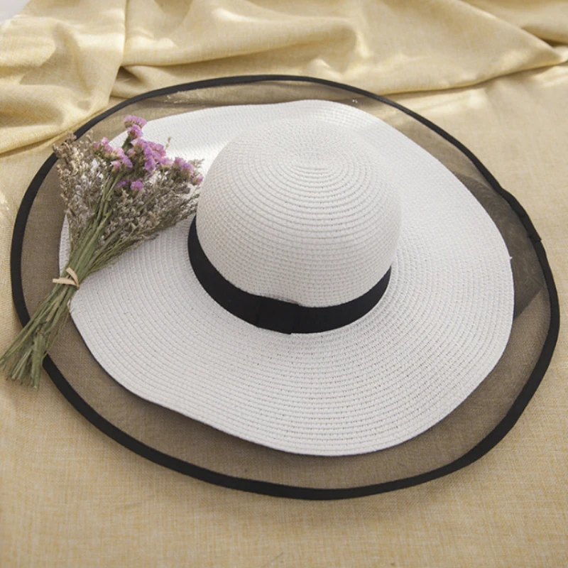 HT2504 Sun Hat Summer anti-UV Lady Wide Brim Hat Women Solid Plain Floppy Summer Straw Hats for Women Female Mesh Brim Beach Women Sun Hat