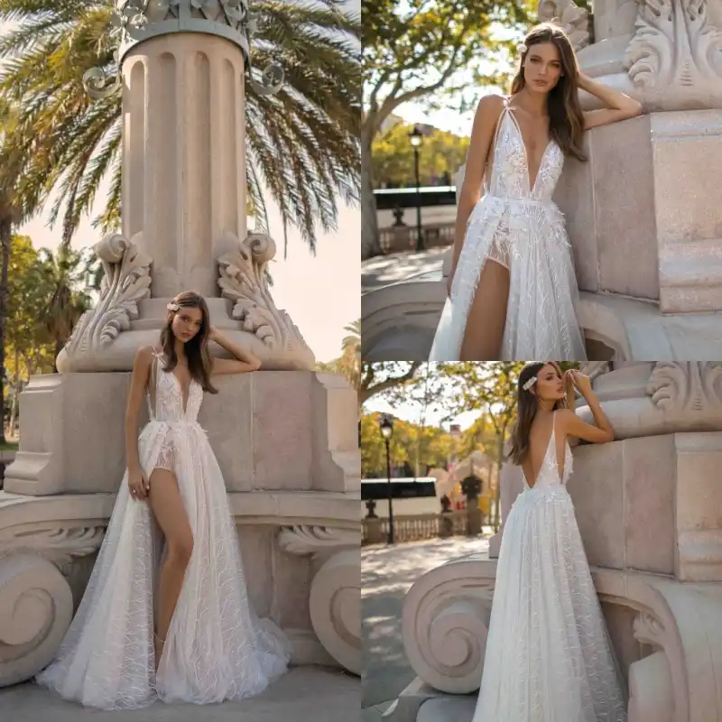 Vestidos De Novia Linea A 2020 Vestido De Novia Sexy De Lado Alto Con Cuello De Pico Espalda Descubierta Con Encaje Trajes De Novia En Tul Vestido De Novia Aliexpress
