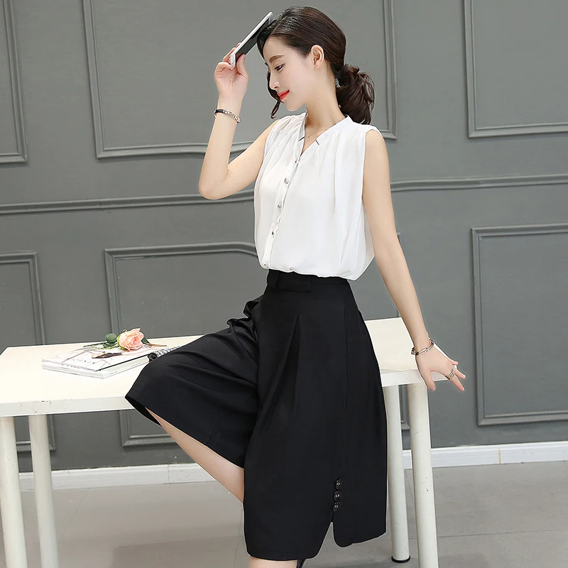 

Fashion New Women 2 Piece Set Office Suit Female Sleeveless White Shirt Tops and Loose Trousers Elegant Lady Work Clothes
