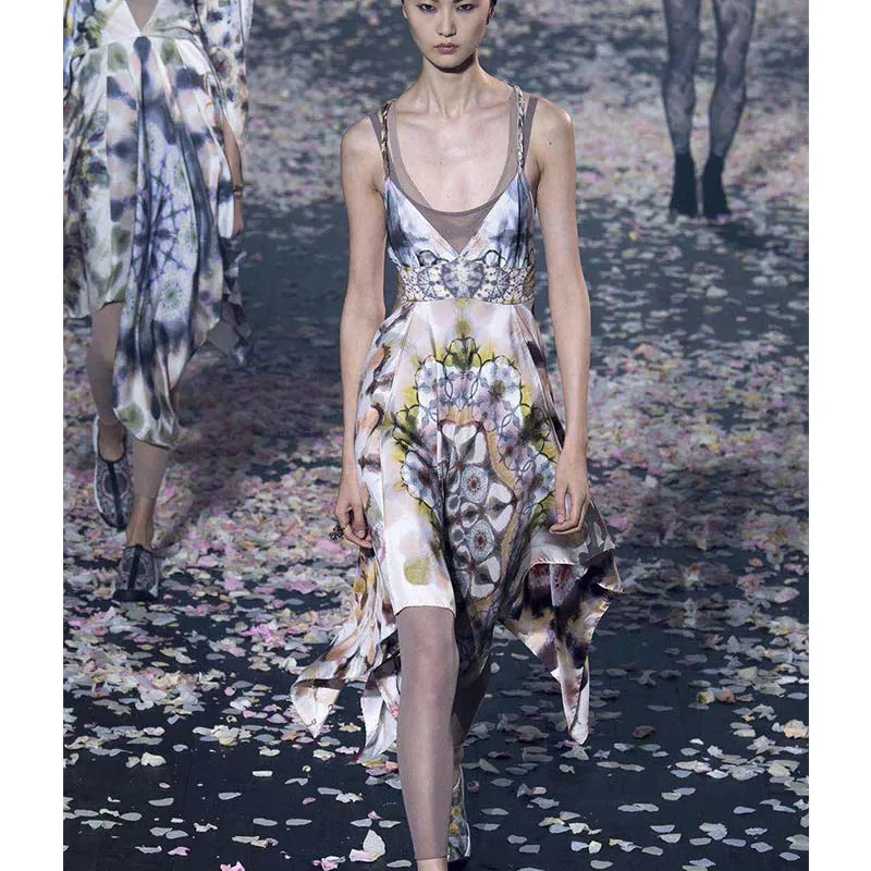 

Cosmicchic Runway Strap Midi Dress Flower Print V-Neck Sexy Beach Dress Twill Silk High Grade Dresses 2019 Summer