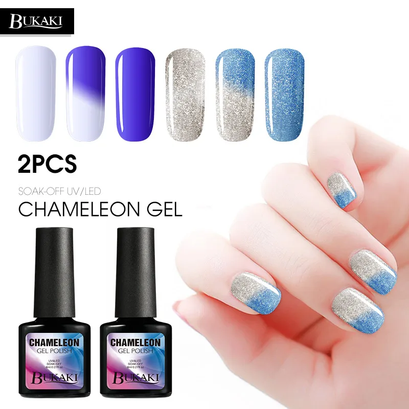 

BUKAKI 2pcs/set Temperature Change Gel Varnish Hybrid Color Chameleon Nail Gel Polish for Nail Art Glitter Nail Gel Lacquer
