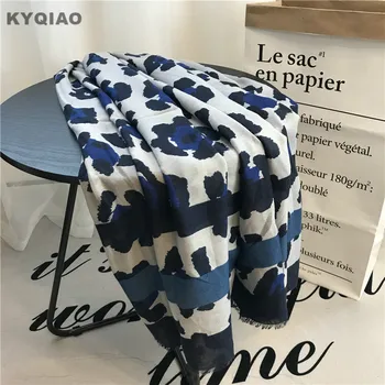 

KYQIAO women blue leopard scarf female autumn winter Spain style sexy fashion long blue leopard print head scarf muffler