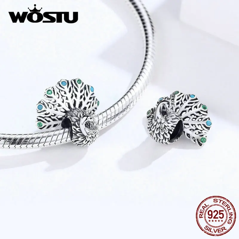 WOSTU,, модные бусы павлина, 925 пробы, Silve Zircon, шарм, подходит для оригинального браслета, кулон, сделай сам, для изготовления ювелирных изделий CQC1260