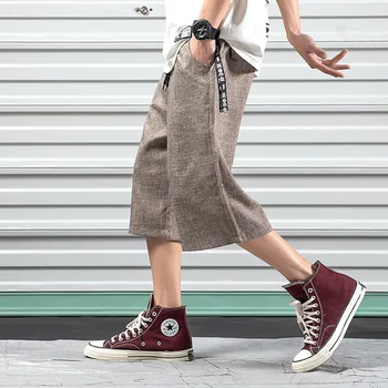 

2020 Summer New Arrival Men Seventh Pants Cotton Blends Solid Color Mid-waist Loose Wide Leg Style Free Shipping