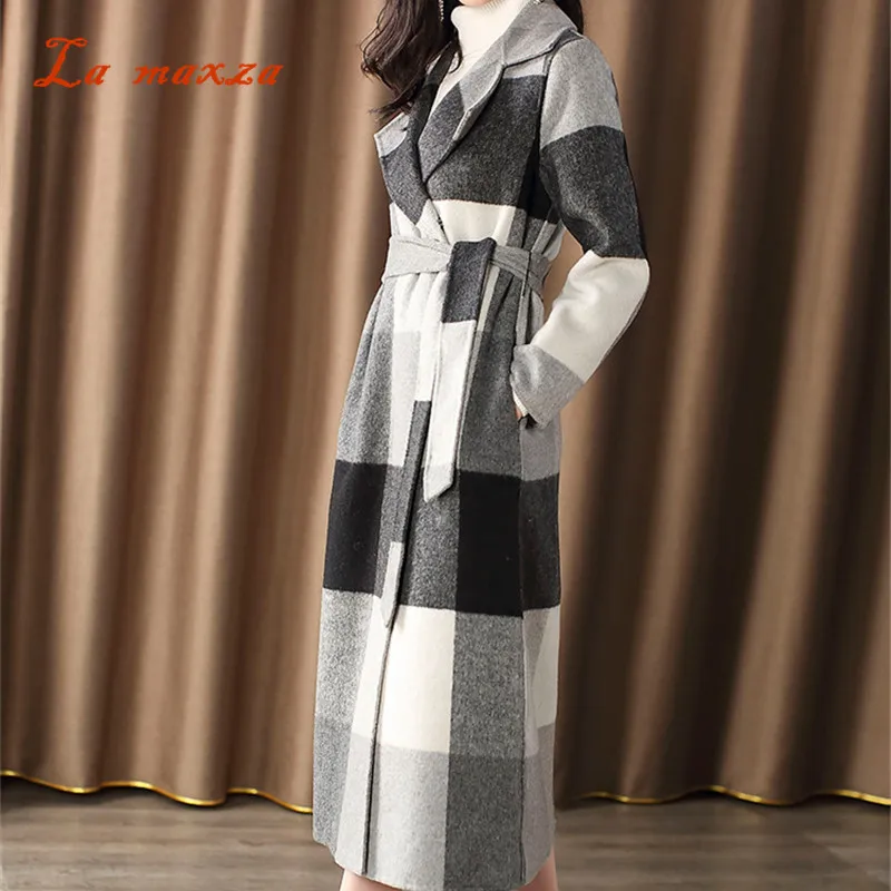 

Woman Coats Winter Long Wool Plaid Coat 2018 Warm Vintage Fashion Korean Black Office Ladies Coats