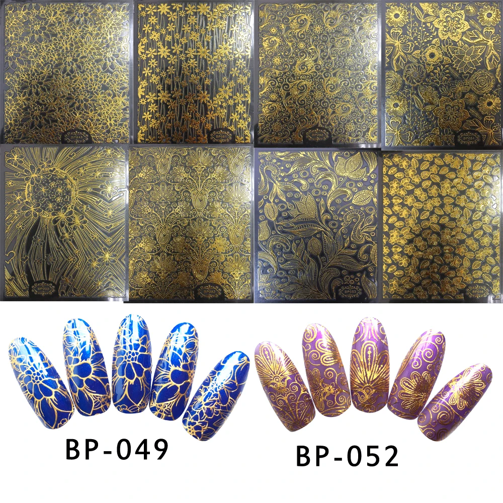 

8 Sheet/Bag Golden Bronzing Hollow Stickers Nail 3D Embossed Blooming Flower Decals For Nail Art Decoration Nails Accessoires