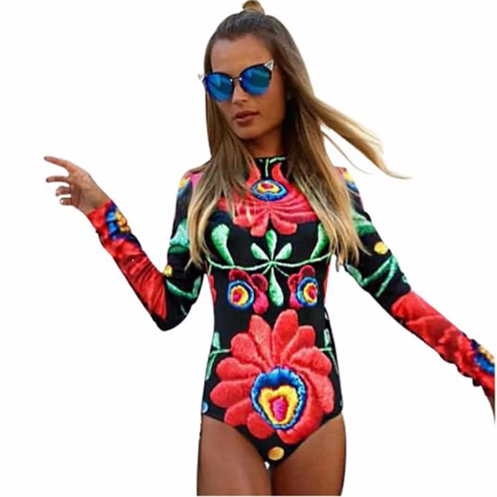 

2017 New Autumn Women Bodysuits Print Flower Sexy Club Long Sleeve Bodycon Sheath Bodysuit Elastic Heyoungirl