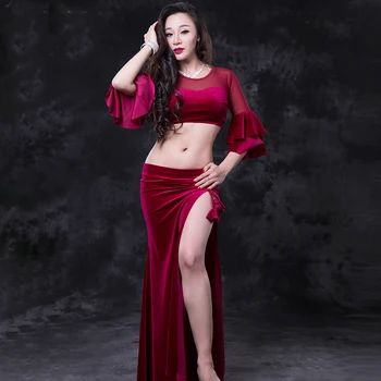 

Newest velvet Gauze Placketing Skirt Sexy Belly dance 2pcs set for women/female/lady, Fashion costume performance wear QC2682