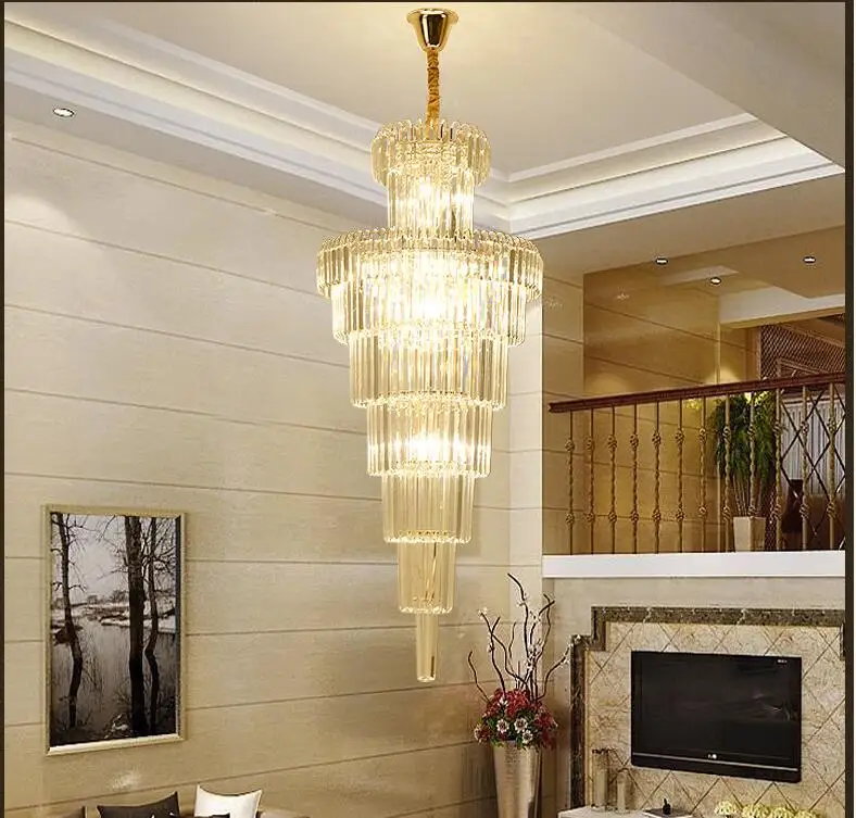 

Free Shipping Modern Golden Luxury Crystal Chandelier K9 Crystal For Staircase Hotel Lobby Double Floor Crystal D60cm LED Lamp