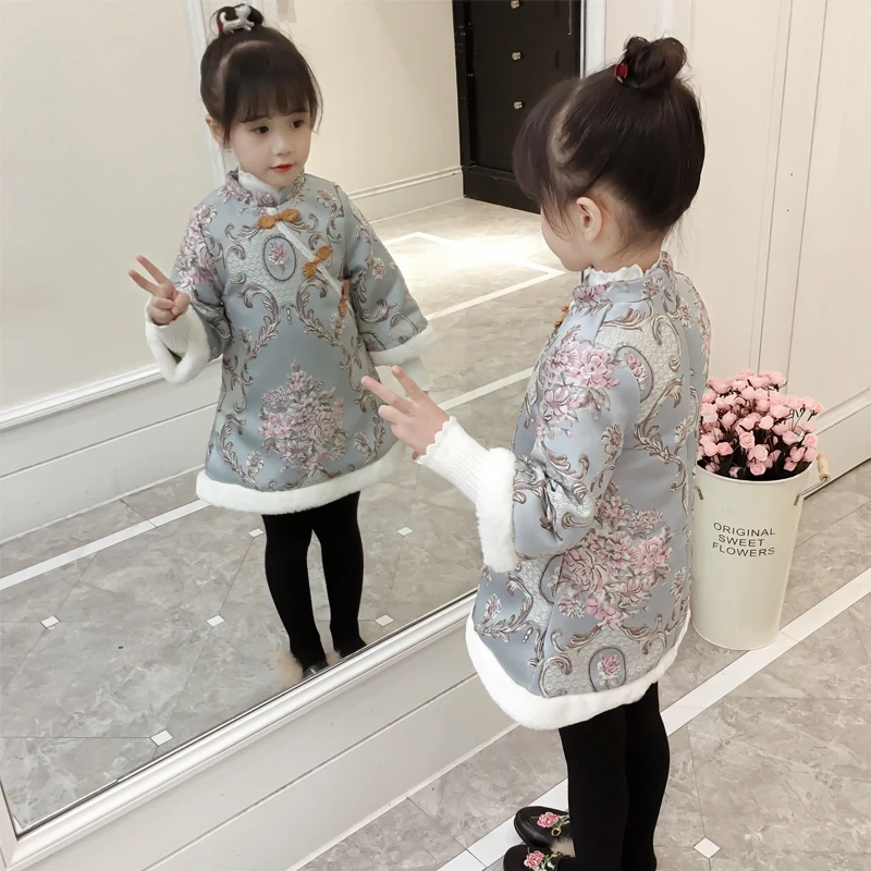 

2018 Chinese blue and white porcelain embroidery Girls Dress baby winter thickening cheongsam dress kids Plush dress,2-6Y,#2451