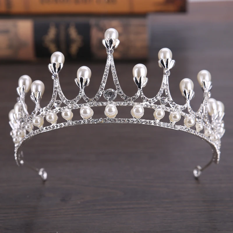 

Fashion Simulated Pearl Crowns Bridal Wedding Taira Hair Accessories Silver Rhinestone Queen Crown Women Hair Jewelry Headpiece