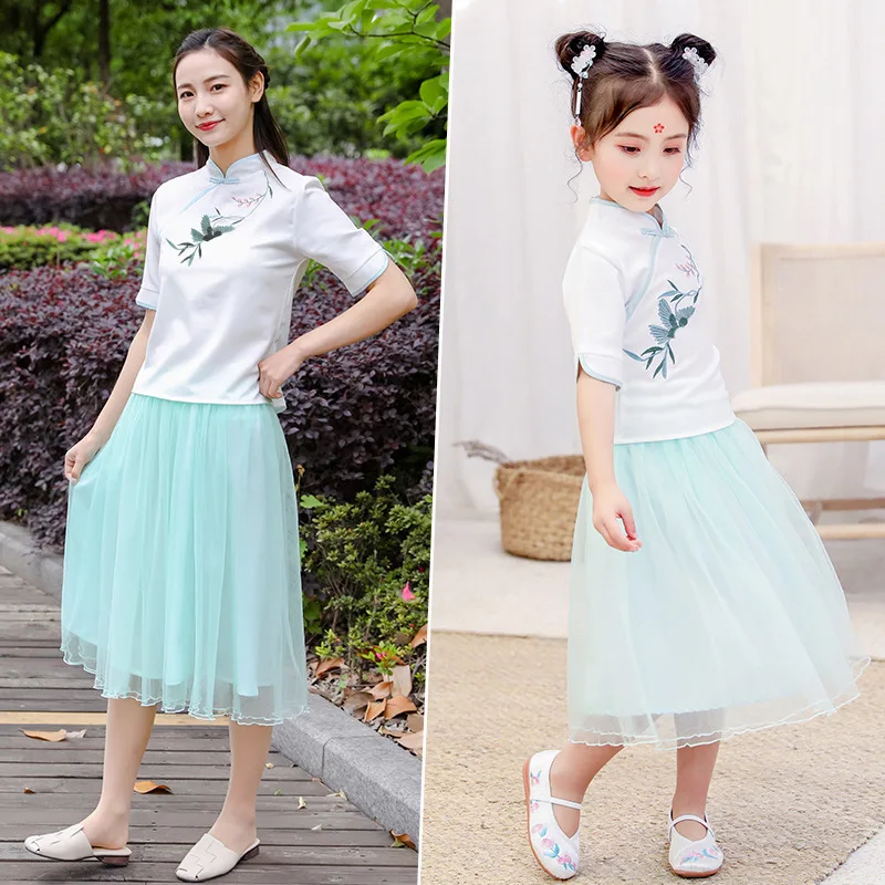 Китайский традиционный ханьфу, одежда для детей и мам, костюмы блузка с вышивкой+ платье-пачка элегантные костюмы Чонсам из 2 предметов, летняя одежда - Цвет: Blue