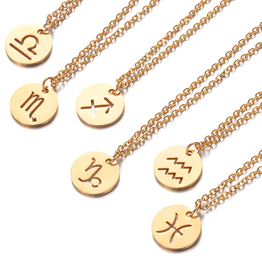 

Gold Constellations Choker Fashion Round Zodiac Pendant Necklace 316L Stainless Steel 40+5cm Chain Twelve Zodiac Jewelry