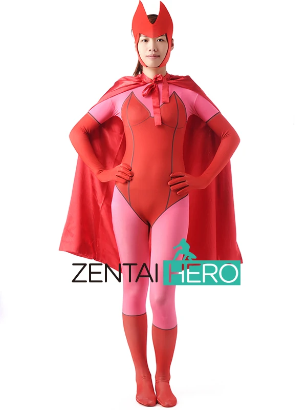 

ZentaiHero Printing Red Scarlet Witch Superhero Costume Lycra X-men Zentai Suit For Cosplay Halloween Costume With Cape 17020404