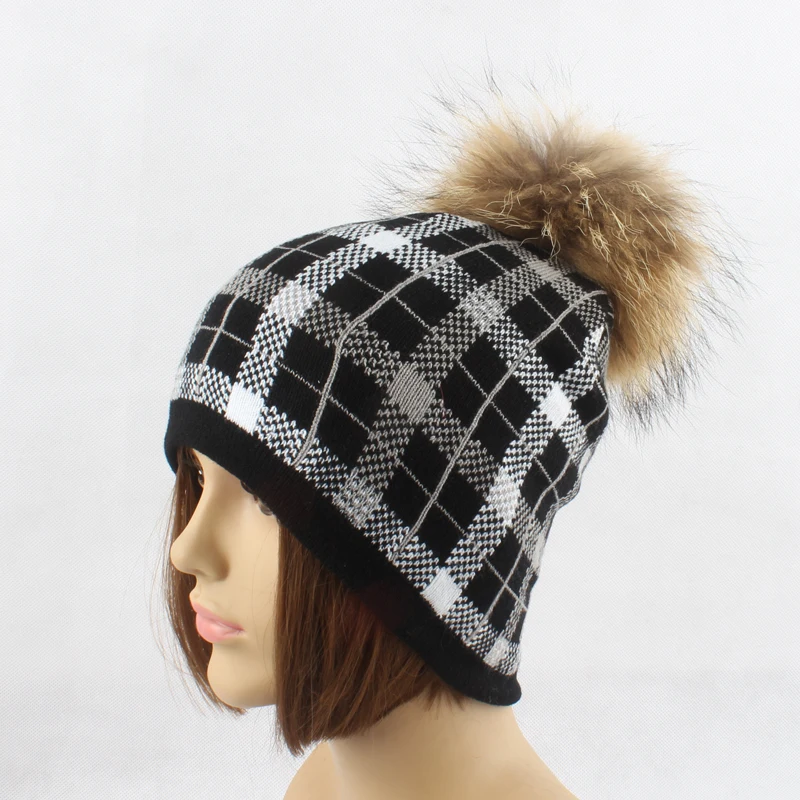 Женская зимняя шапка, клетчатая вязаная шапка, настоящая норковая шапка с меховым помпоном для девушек, хлопковая Лыжная Шапочка
