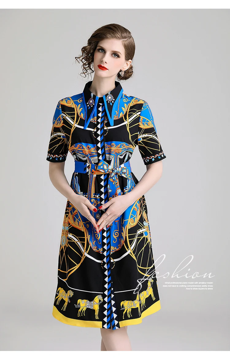 Качественное летнее новейшее дизайнерское платье для подиума, женское платье с коротким рукавом и воротником, платье с цветочным принтом и бантом