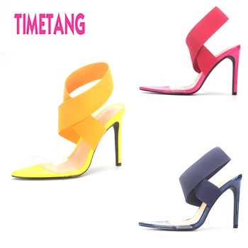 

TIMETANG Summer Fashion Big Size Candy Color Pointed Toe Trasparent ANkle Strap Women Sandals Sexy Thin High Heel Woman Shoes
