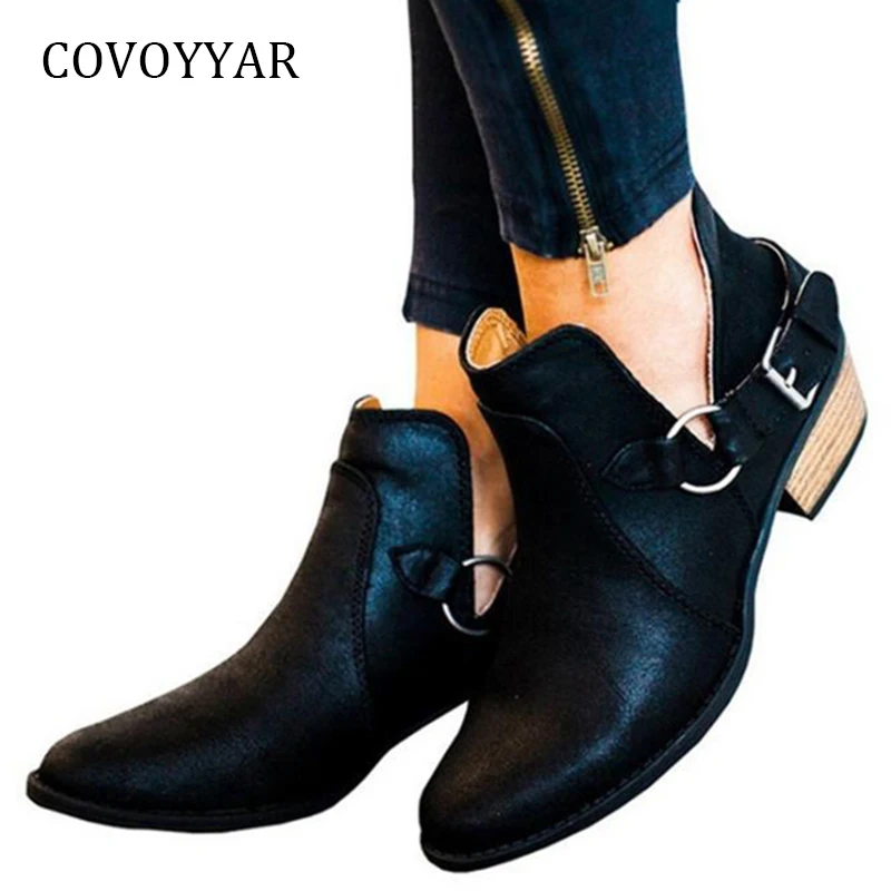 

COVOYYAR 2018 Buckle Ankle Boots Women Autumn Mid Thick Heel Women Boots Pointed Toe Slip On Black/White Shoes Footwear WBS937