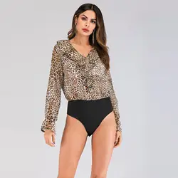 2019 Лидер продаж Leopard комплект для женщин Сексуальная Bodycon Тощий боди костюм Водолазка с длинным рукавом Playsuit Печатных Комбинезоны для