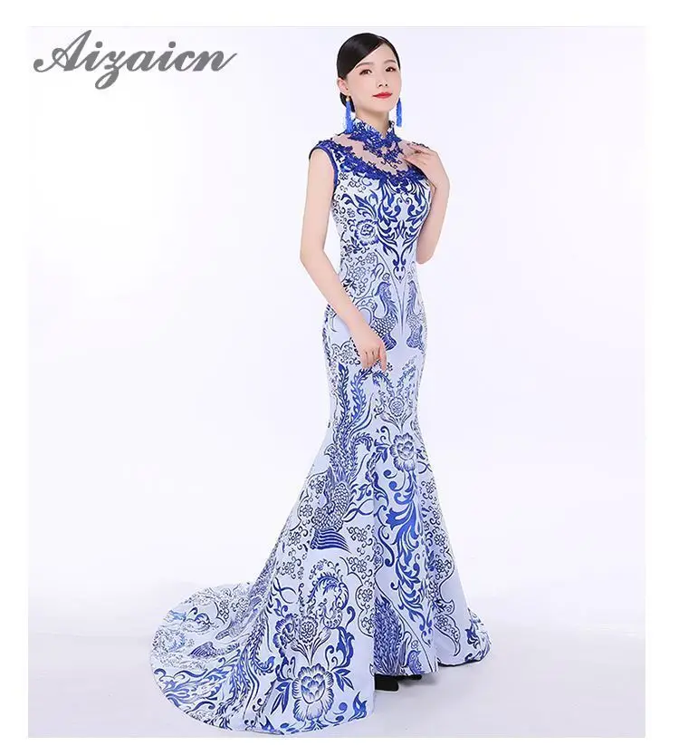 Sirena estilo восточные vestidos de noche largo vestido chino для женщин Qipao Negro Dragón ropa Cheongsam disemino personalizado