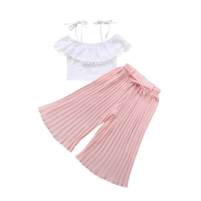 Полосатый кружевной комплект одежды для маленьких девочек; укороченный топ с открытыми плечами; футболка и штаны; милая Одежда для девочек; 2-7T