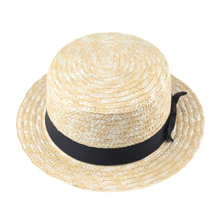 LUCKYLIANJI бежевый для мужчин и женщин канотье Летняя Пляжная лента круглый плоский верх соломенная фетровая шляпа Панама(один размер: 58 см