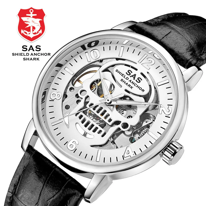

SAS Watch Men Luxury Waterproof Perspective Skull Dial Mechanical Watches Self Wind Delicate Leather Strap Skeleton Watches saat