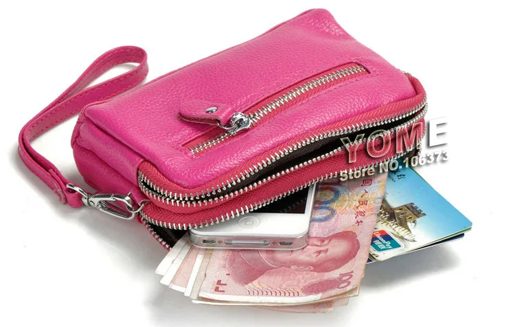 Genuine Leather Women Coin Purse Double Zipper Mobile Bag Lady Clutch Wristlet Bags, easy for carry clutches, Wholesale