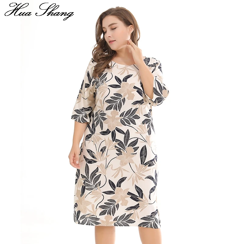 

Print Plus Size Women Dress Summer Casual Cotton Three Quarter Straight Midi-calf Dress With Zippers Elegant Female Clothing