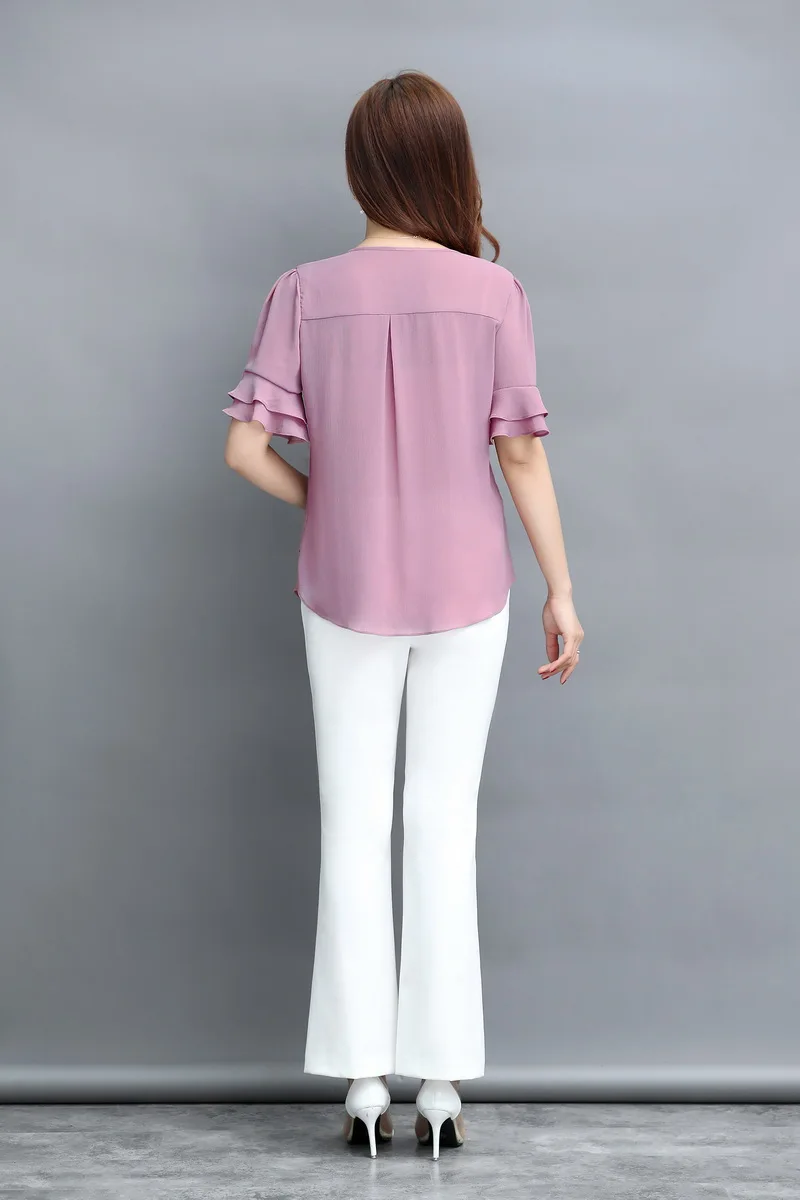 Милая футболка, женские футболки с коротким рукавом, плюс размер, топ, розовый шифон, женские офисные рубашки, 4XL, бохо, летняя одежда, двухслойная