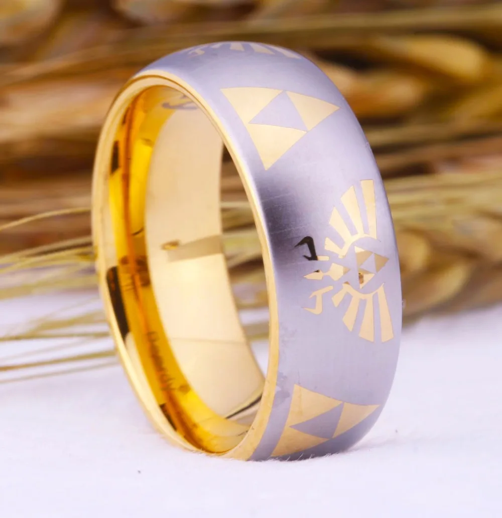 Free Shipping USA UK Canada Russia Brazil Hot Sales 8MM Golden Dome Comfort Fit Legend of Zelda New Men's Tungsten Wedding Ring