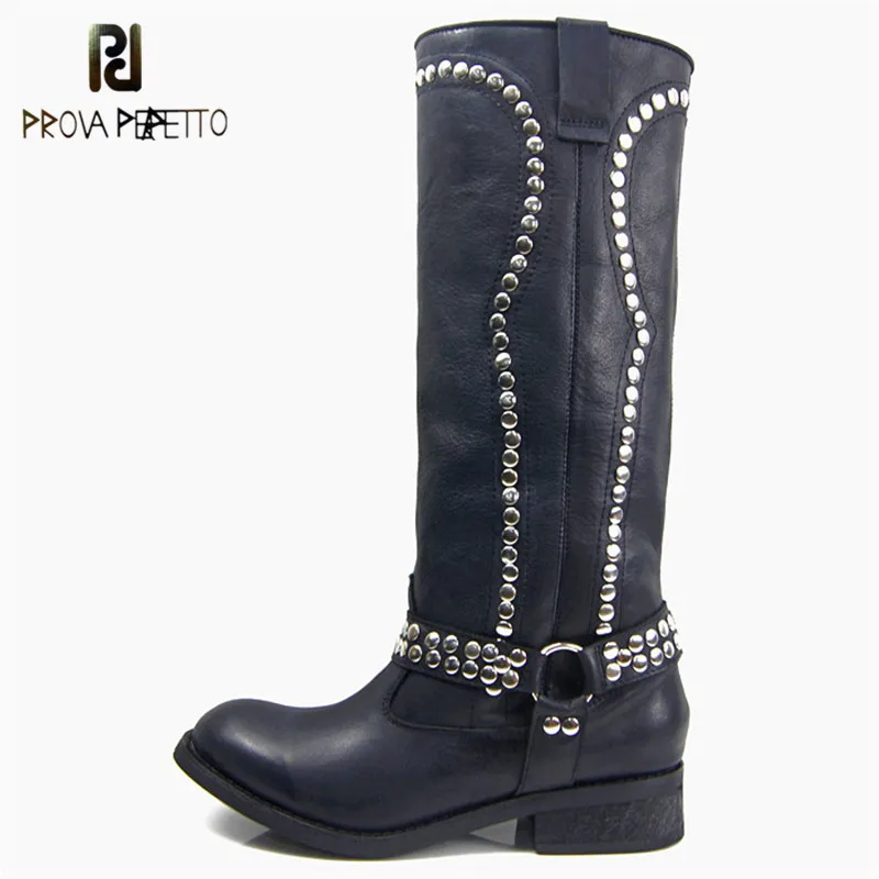 

Prova Perfetto High End Euramerican Fashion Woman Boot Black with Plush Cow Leather Mid Boots Buckle Strap Rivet Motorcycle Boot