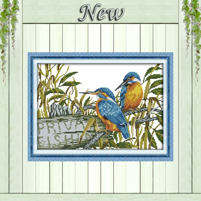 Картина для рисования с надписью The in love blue kingfisher расчетная печать на ткани DMC 14CT