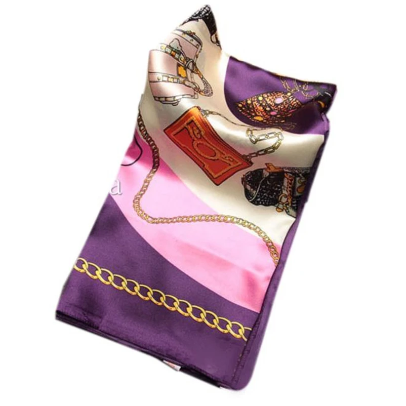 

Fashion Women Big Size 90x90cm Imitated Silk Square Scarf High Quality Shawl Ladies Chain Bag Pattern Big Square Purple Scarf