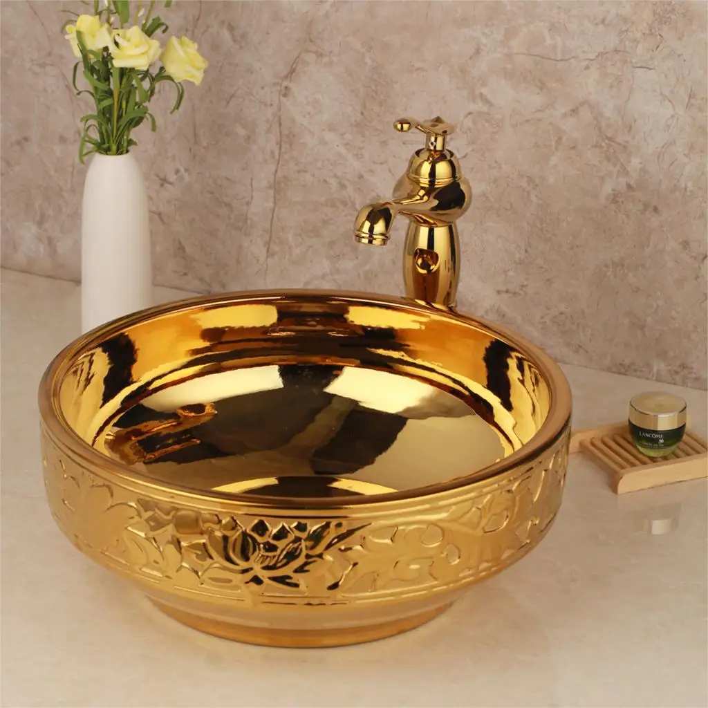 YANKSMART круглая и овальная ванная комната гардеробная раковина для умывания фарфоровая раковина керамическая раковина столешница умывальник золотой - Цвет: Basin Set 03
