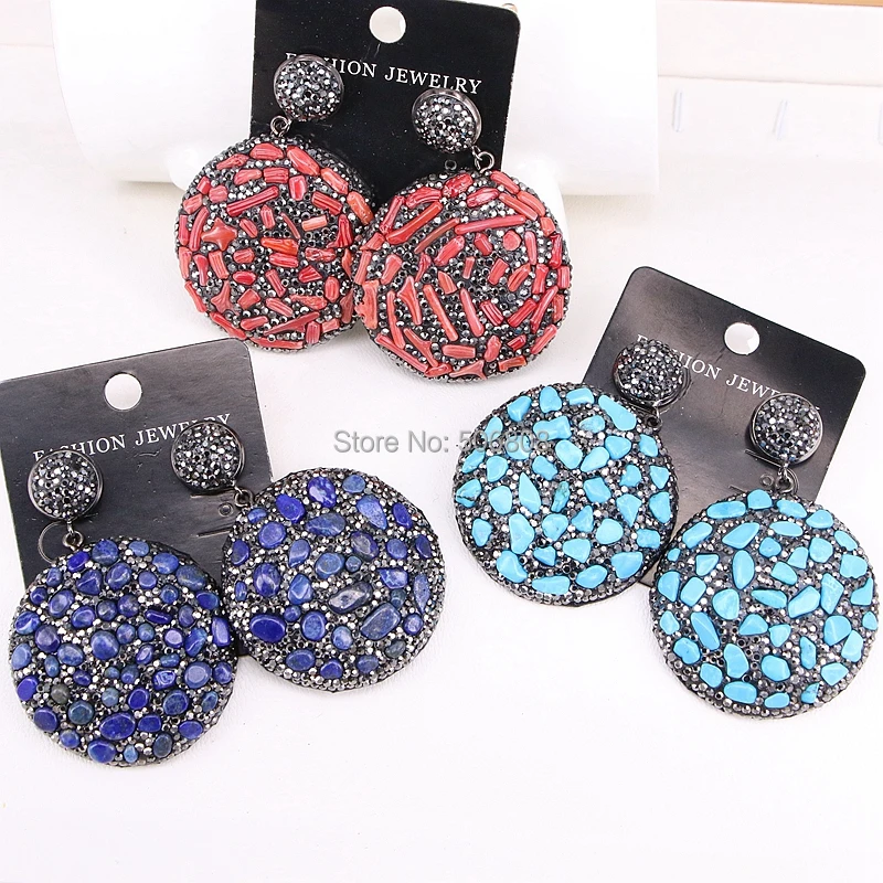 

5Pairs ZYZ302-6508 Turquoises Lapis Coral Semi Precious Stone Pendant Pave Rhinestone Beads Round Dangle Earrings For Women