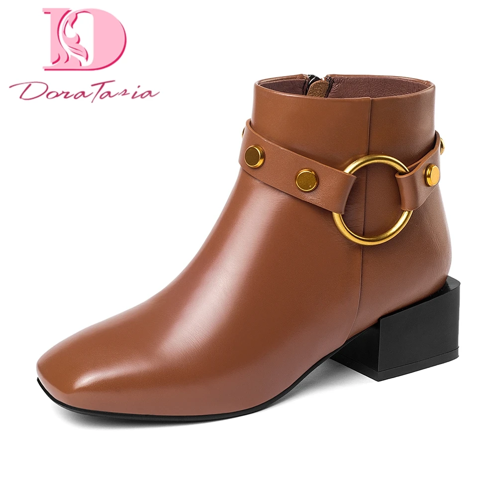 

DoraTasia Brand New genuine Cow Leather Square Toe Winter western Boots Shoes Woman Zip Up Add Fur Ankle Boots Woman Shoes boot