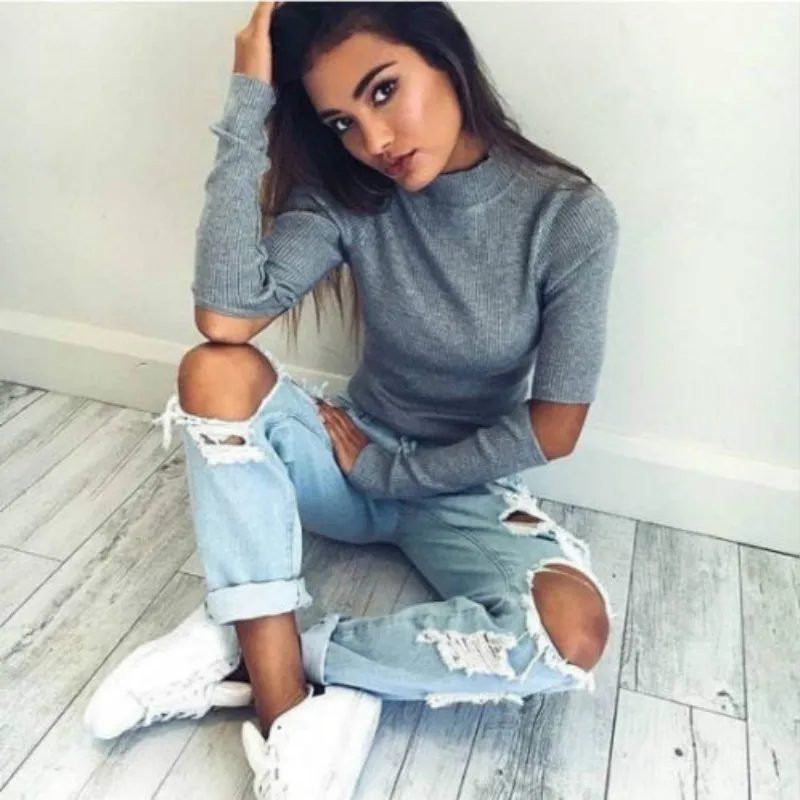 

2018 Newly Women Autumn Spring Sweater Tops Long Sleeve Hole Solid Grey Pullover Turtleneck Tops