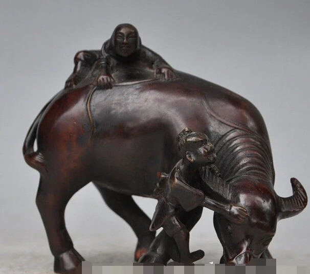 

shitou 002932 6"Chinese Folk Fengshui Bronze copper Zodiac Oxen Bull Boy Animal lucky Statue discount 30% (C0324)