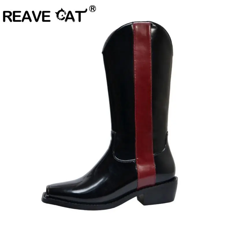 REAVE CAT/Брендовые женские модные ботинки до середины икры ботинки без застежки из натуральной коровьей кожи на низком каблуке обувь для подиума с металлическим квадратным носком женская обувь