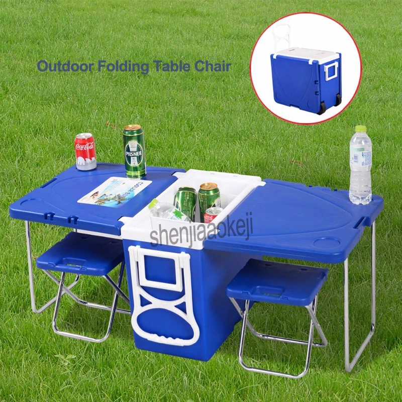 ^Cheap Multi Function Rolling Cooler With Table And 2 Chairs Picnic Camping Outdoor Portable Folding cold table fixed chair 1pc